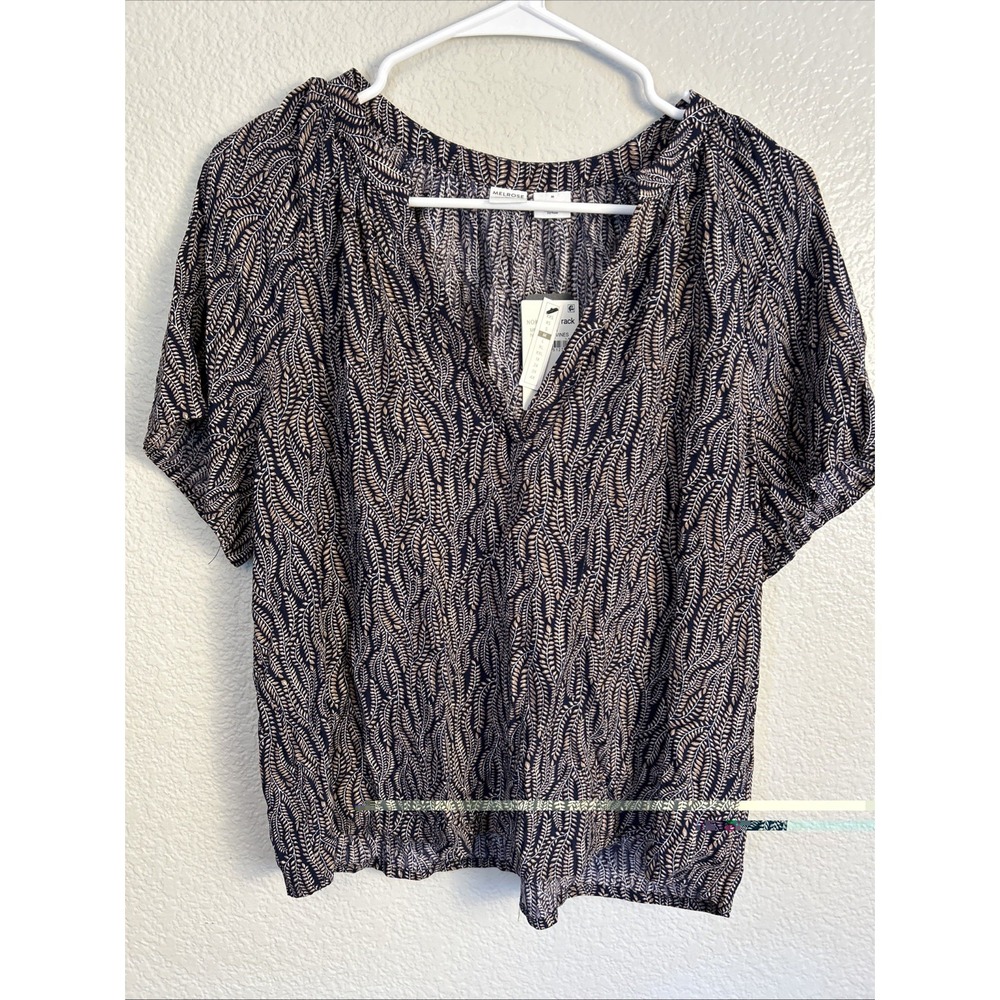 Melrose & Market Womens Blouse Medium Navy-tan Vines Slit Neck Top‎